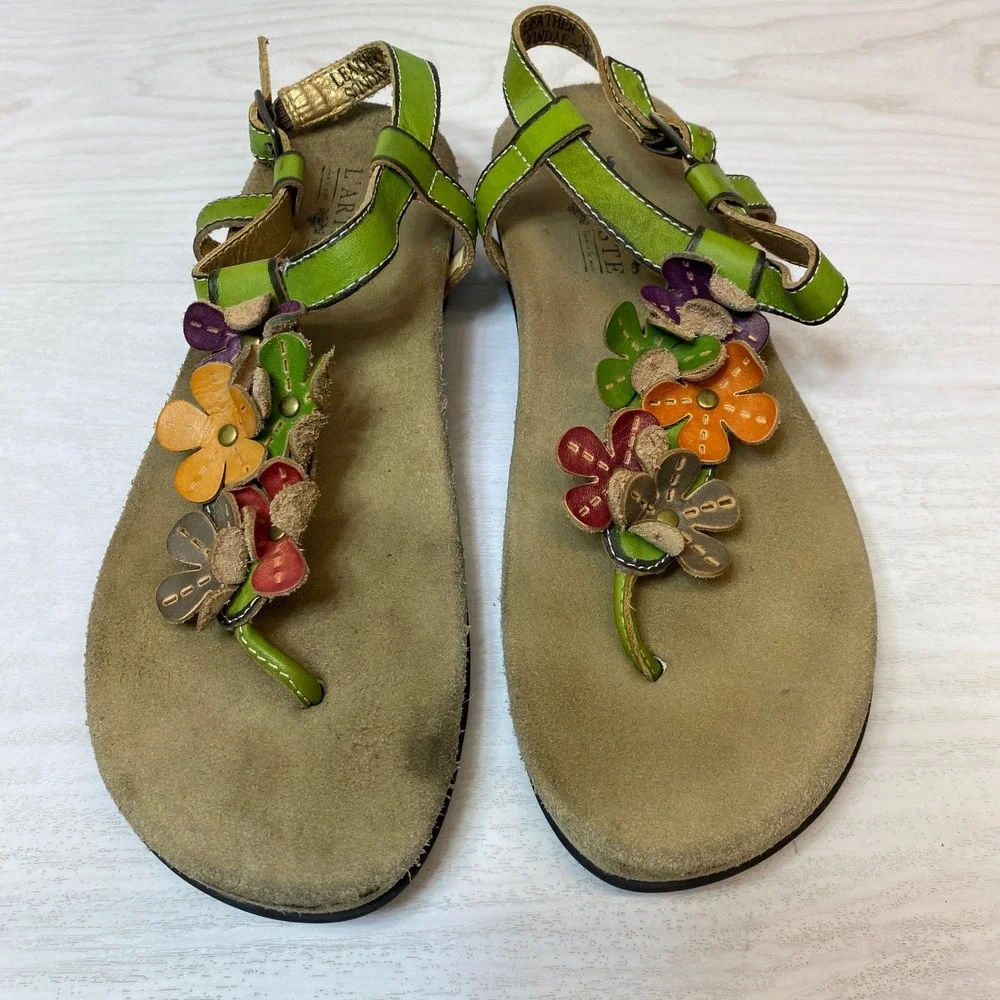 L'Artiste Womens 38 Sandals Sundae Floral Leather Thong Ankle Strap Green Boho